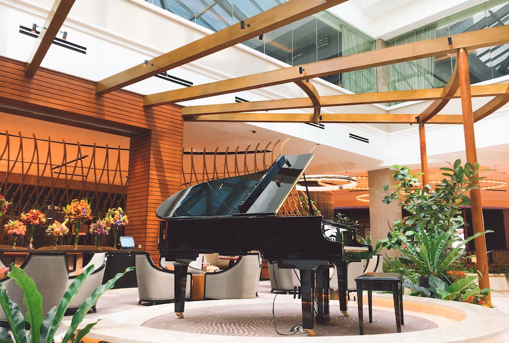 A grand piano in a hotel